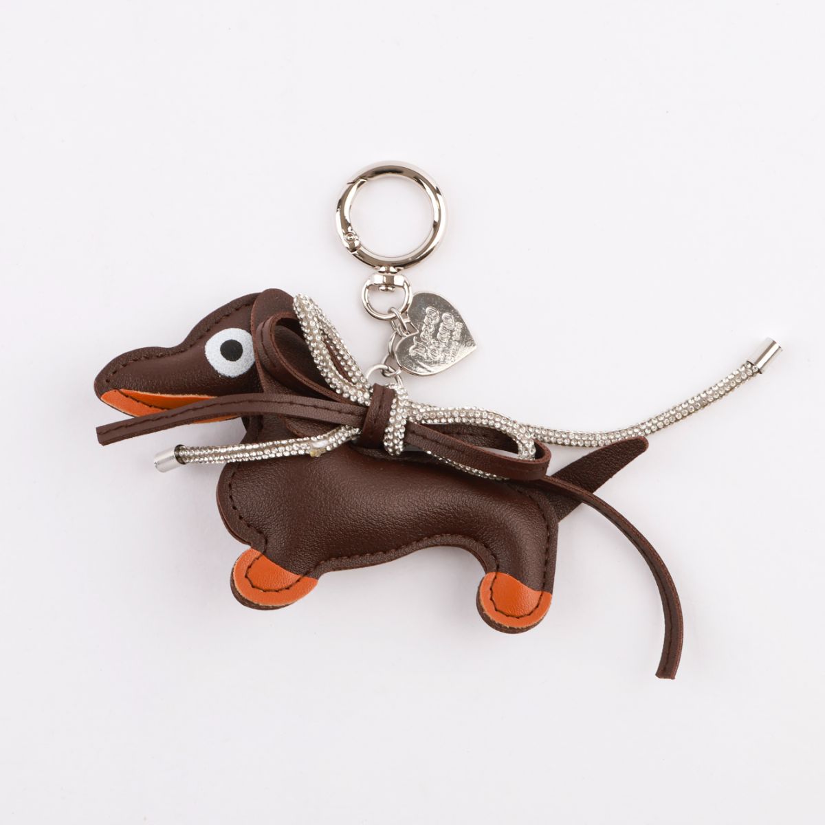 Handmade Leather Dachshund Bag Charm Keychain with Crystal Ribbon