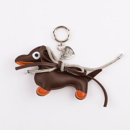 Handmade Leather Dachshund Bag Charm Keychain with Crystal Ribbon