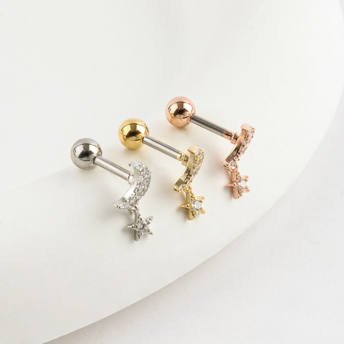 Moon & Star Dangle Barbell Piercing – Surgical Steel Bar in Gold, Silver & Rose Gold
