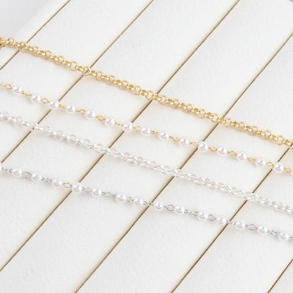 Pearl Chain Ribbon Pendant Necklace in Gold and Silver