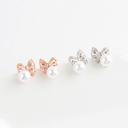 Elegant Ribbon Bow Pearl Stud Earrings - 925 Silver Post