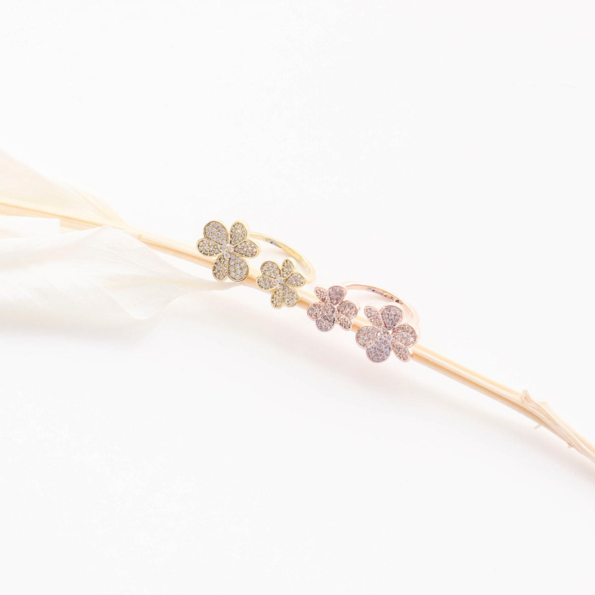 Lucky Clover Pavé Adjustable Ring — Sparkling Statement Cocktail Ring for Women, Gold Silver Rose Gold, Luxury Four-Leaf Clover Jewelry Gift