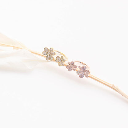 Lucky Clover Pavé Adjustable Ring — Sparkling Statement Cocktail Ring for Women, Gold Silver Rose Gold, Luxury Four-Leaf Clover Jewelry Gift