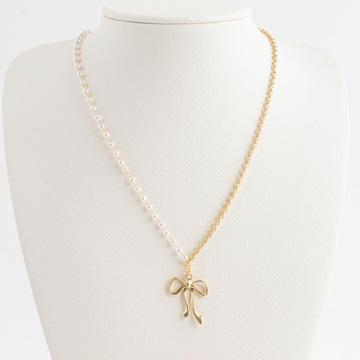 Pearl Chain Ribbon Pendant Necklace in Gold and Silver