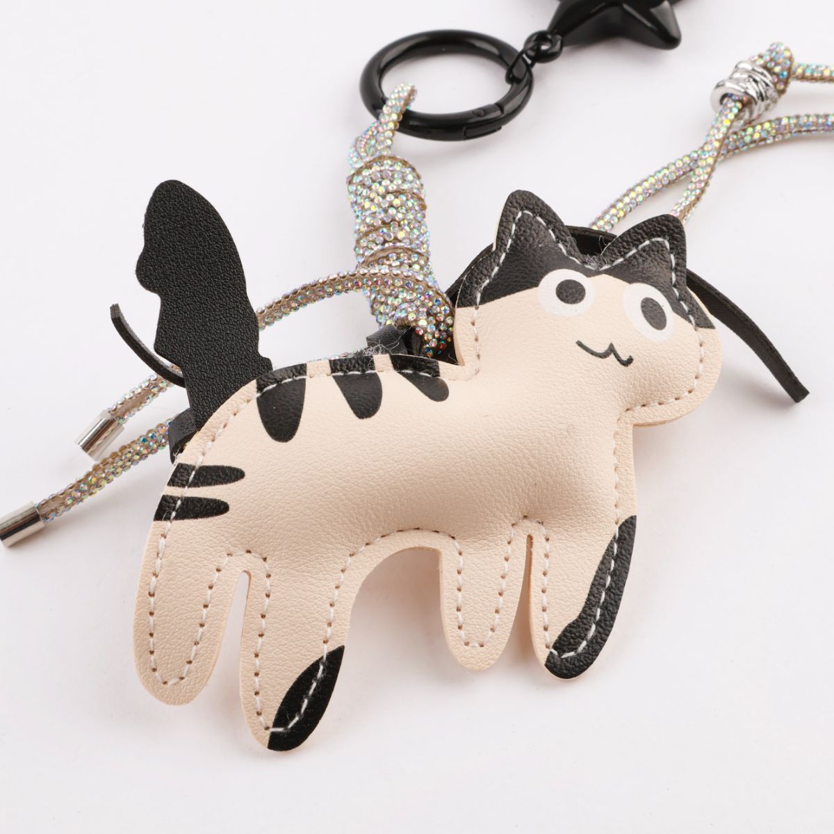 Handmade Leather Cat Keychain with Sparkle Ribbon & Star