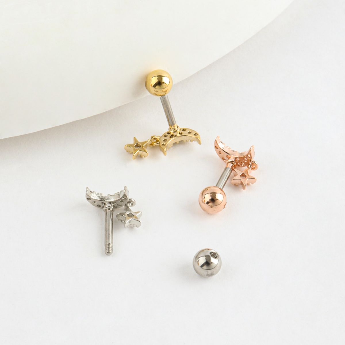 Moon & Star Dangle Barbell Piercing – Surgical Steel Bar in Gold, Silver & Rose Gold