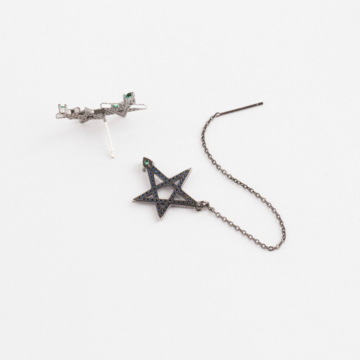Midnight Galaxy Asymmetrical Star Drop Earrings - Pave Set Blue