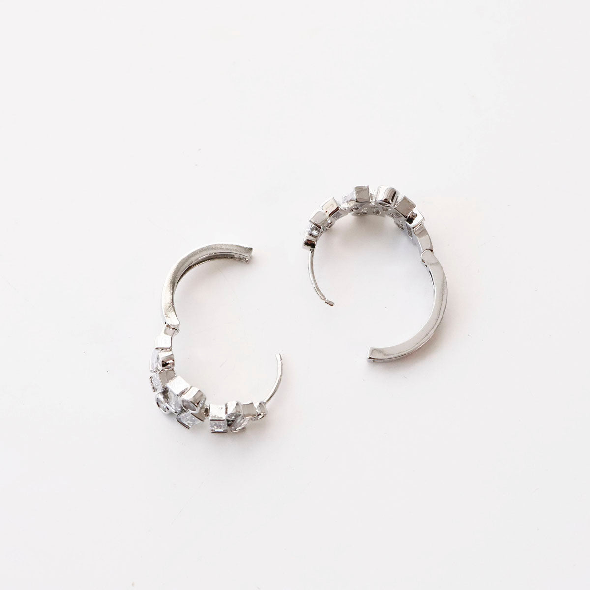 Geometric Bezel Setting Huggie Hoop Earrings - Brass Silver Post