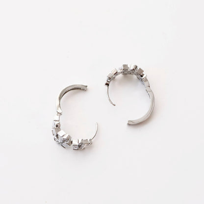 Geometric Bezel Setting Huggie Hoop Earrings - Brass Silver Post