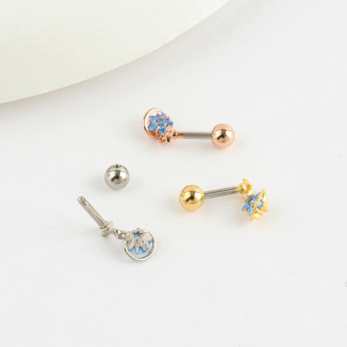 Planet Dangle Star Barbell Stud – Surgical Steel Bar, Clear/Blue CZ, Silver·Gold·Rose Gold