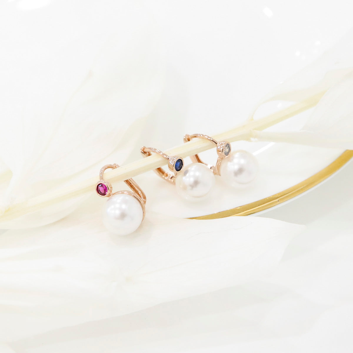 Pearl Drop Hook Earrings with Gem Accent – One-Touch Closure (Silver Post)