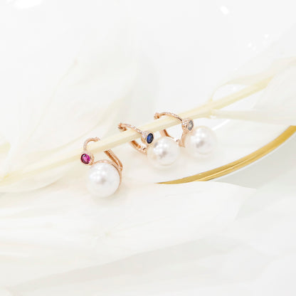 Pearl Drop Hook Earrings with Gem Accent – One-Touch Closure (Silver Post)