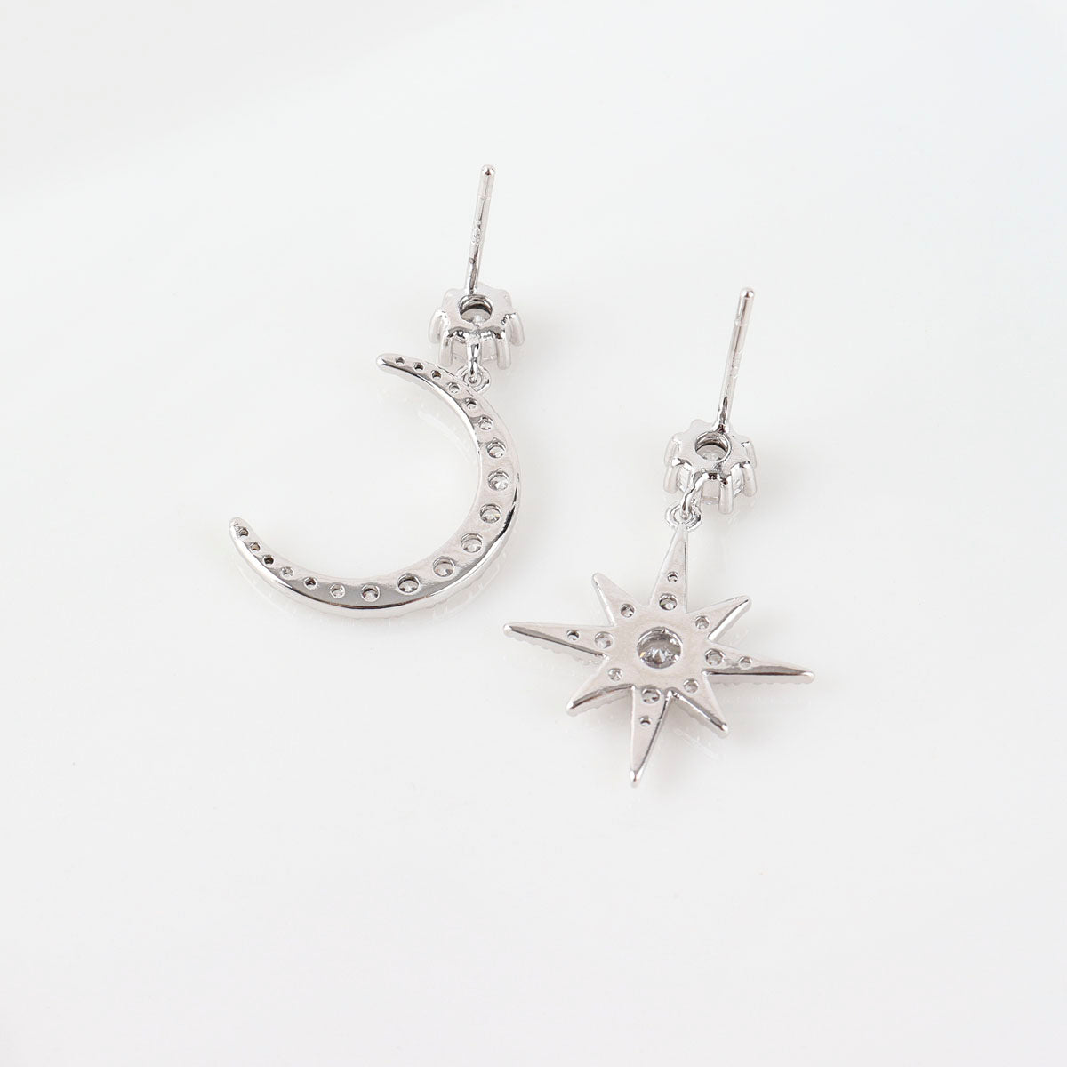 Celestial Moon and North Star Asymmetric Drop Earrings - 925 Silver Posts