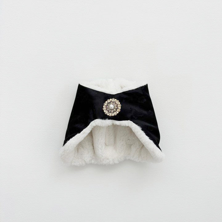 Black Korean baby jobawi bonnet with subtle floral patterns and pearl centerpiece, trimmed with white faux fur.