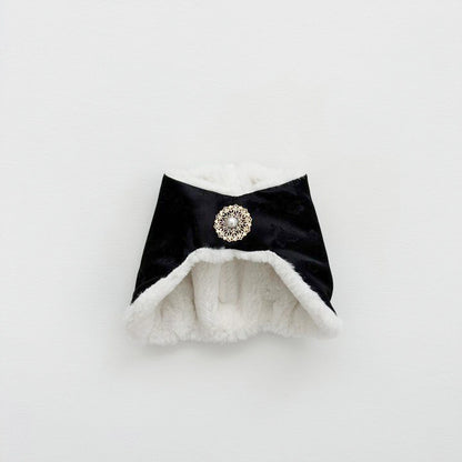 Black Korean baby jobawi bonnet with subtle floral patterns and pearl centerpiece, trimmed with white faux fur.