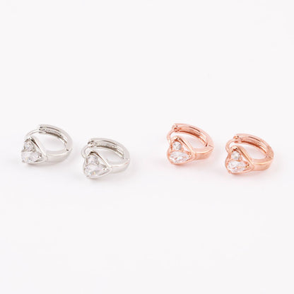 Mini Heart CZ Huggie Hoop Earrings — Silver & Rose Gold, Dainty Everyday Click-Closure