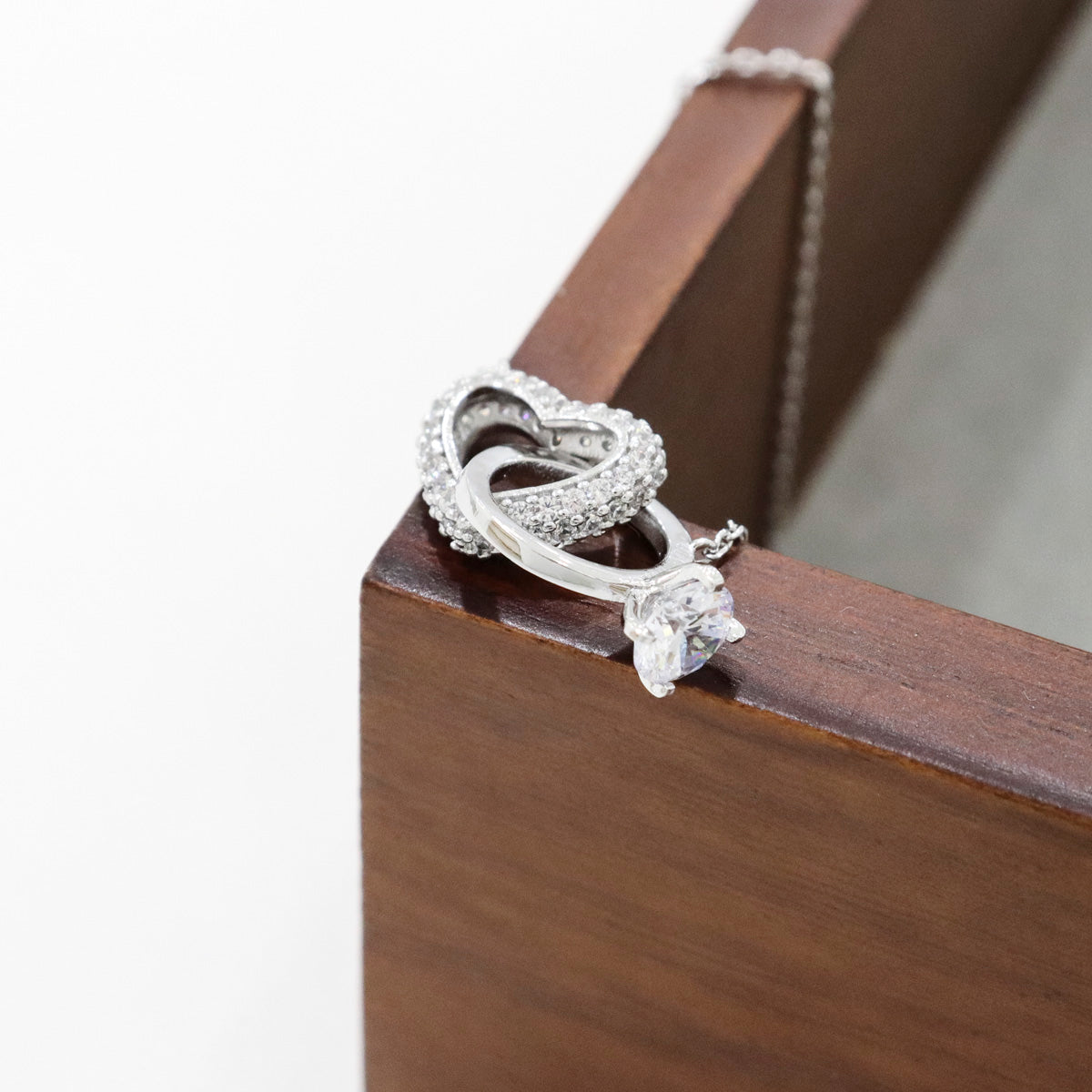 Interlocking Heart & Ring Pendant Necklace - Pavé CZ Diamond Setting, 14K Gold/Rose Gold/Silver Plated Brass, Promise Necklace for Girlfriend, Anniversary Gift