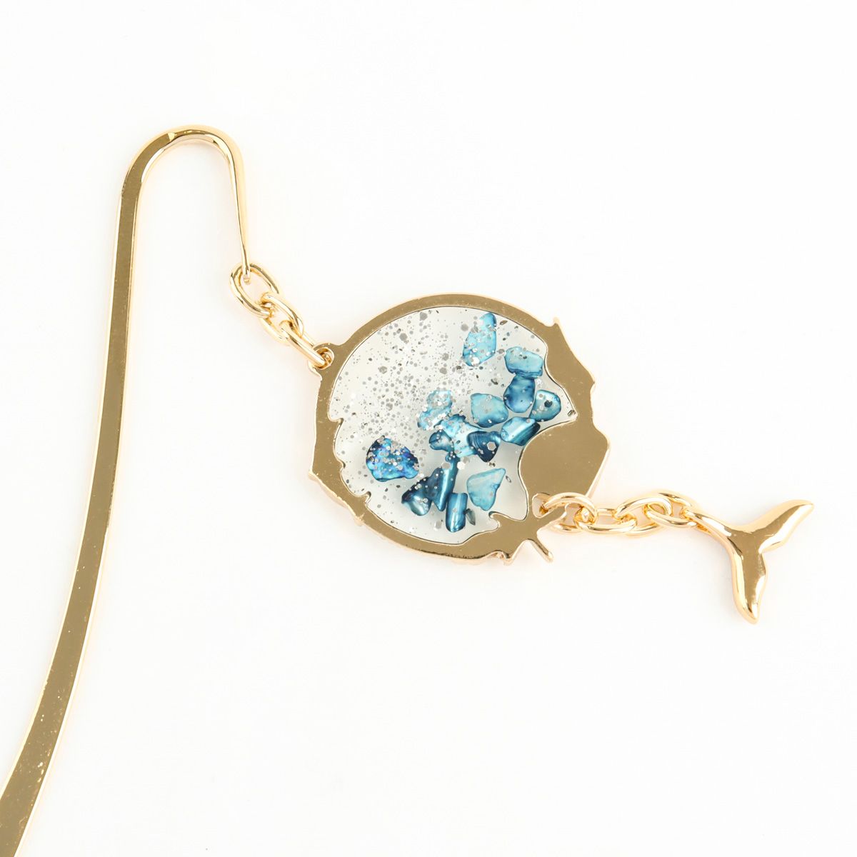 Lucky Whale Tail Metal Bookmark with Handmade Resin Shell Charm - Gold Shepherd Hook Page Marker in 4 Colors