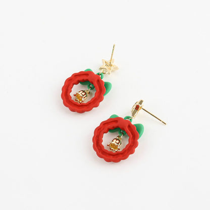 Christmas Wreath Earrings - Holiday Bell Drop Earrings with Bow