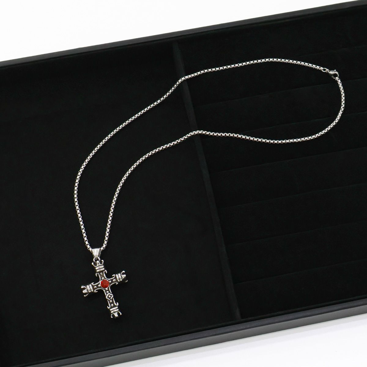 Gothic Cross Necklace with Red Gem - Vintage Stainless Steel Pendan