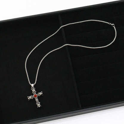 Gothic Cross Necklace with Red Gem - Vintage Stainless Steel Pendan