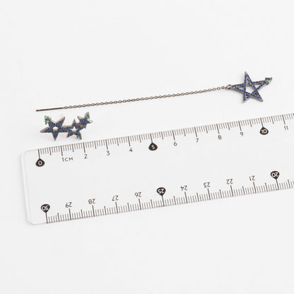Midnight Galaxy Asymmetrical Star Drop Earrings - Pave Set Blue