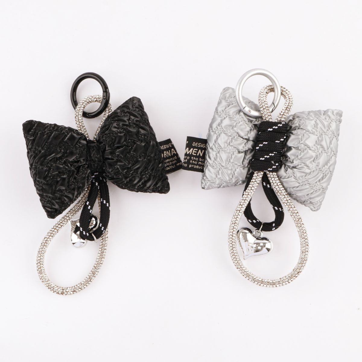Handmade Puffy Quilted Bow Bag Charm with Rhinestone Loop