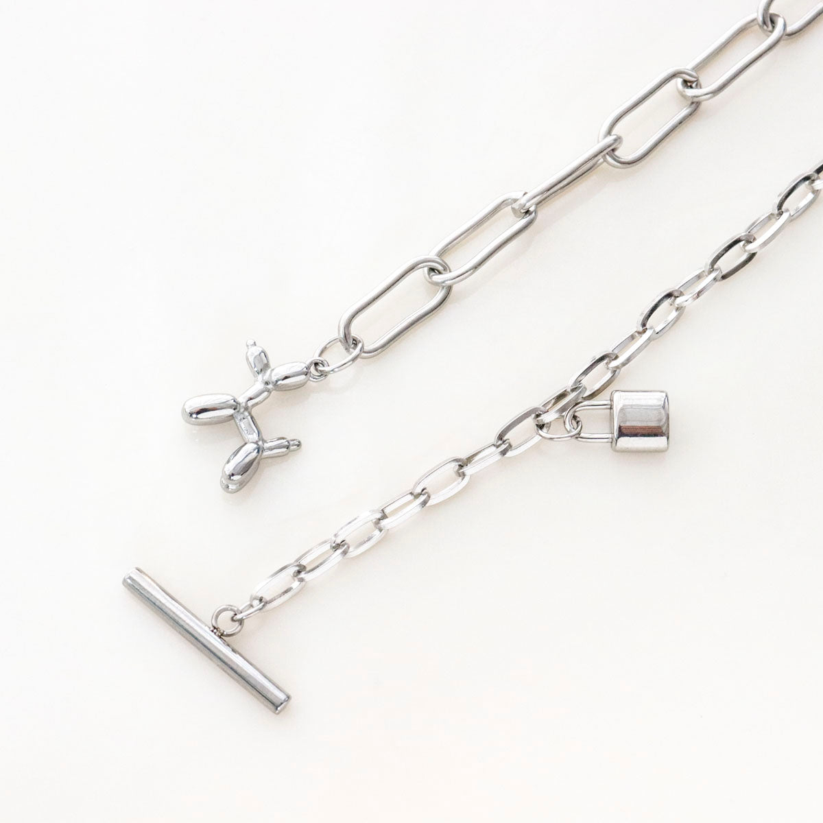 Surgical Steel Balloon Dog Padlock Mixed Chain Toggle Necklace