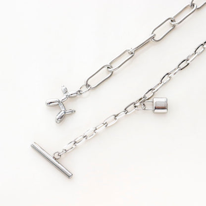 Surgical Steel Balloon Dog Padlock Mixed Chain Toggle Necklace