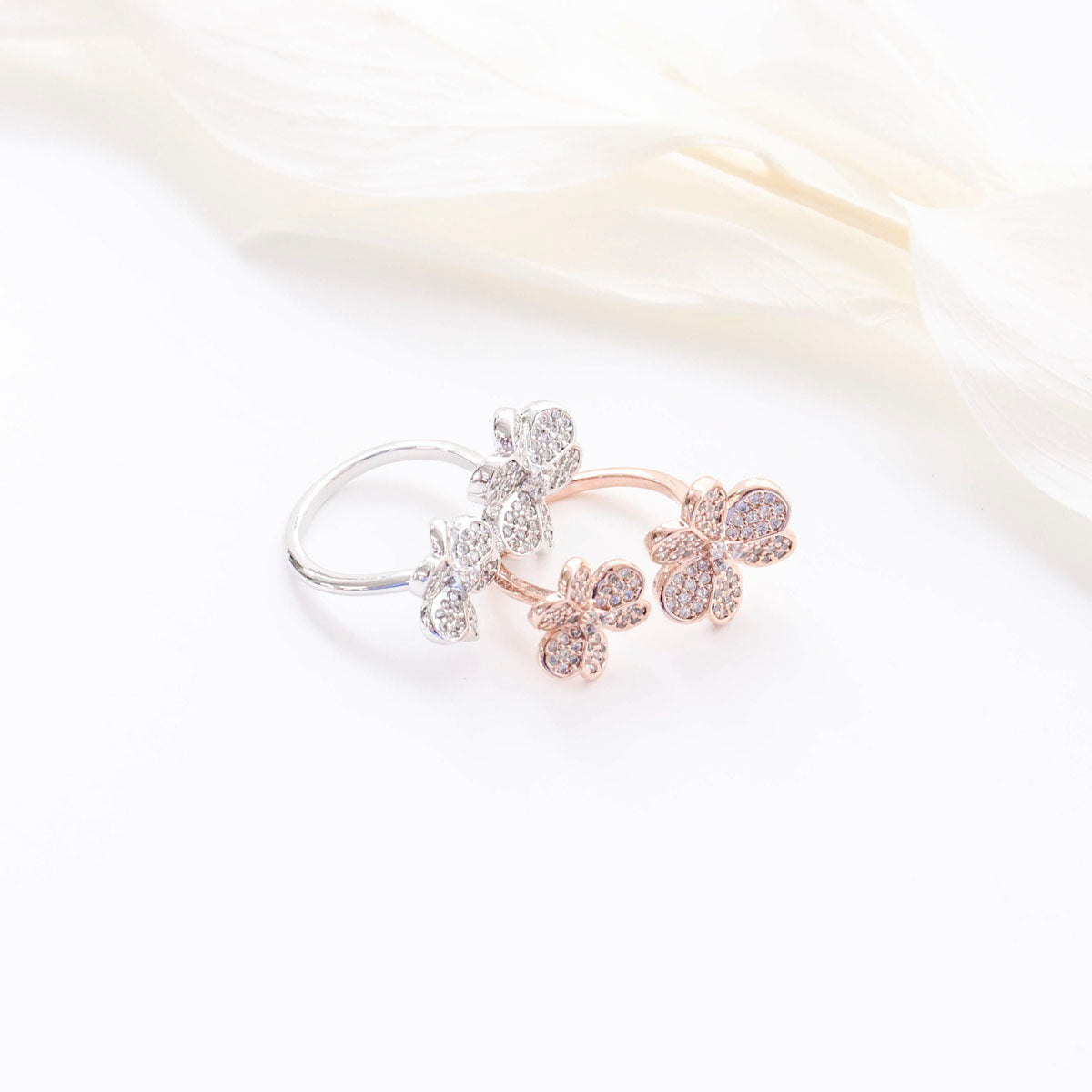 Lucky Clover Pavé Adjustable Ring — Sparkling Statement Cocktail Ring for Women, Gold Silver Rose Gold, Luxury Four-Leaf Clover Jewelry Gift