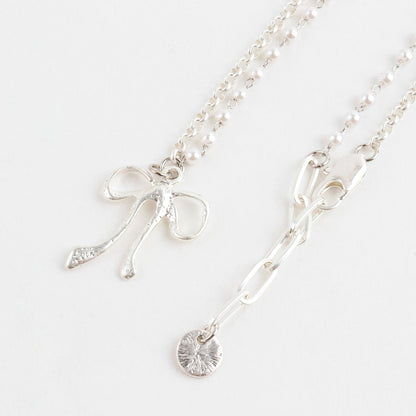 Pearl Chain Ribbon Pendant Necklace in Gold and Silver