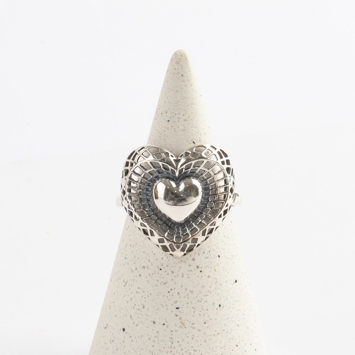 Vintage 925 Sterling Silver Filigree Puffy Heart Ring - Handmade
