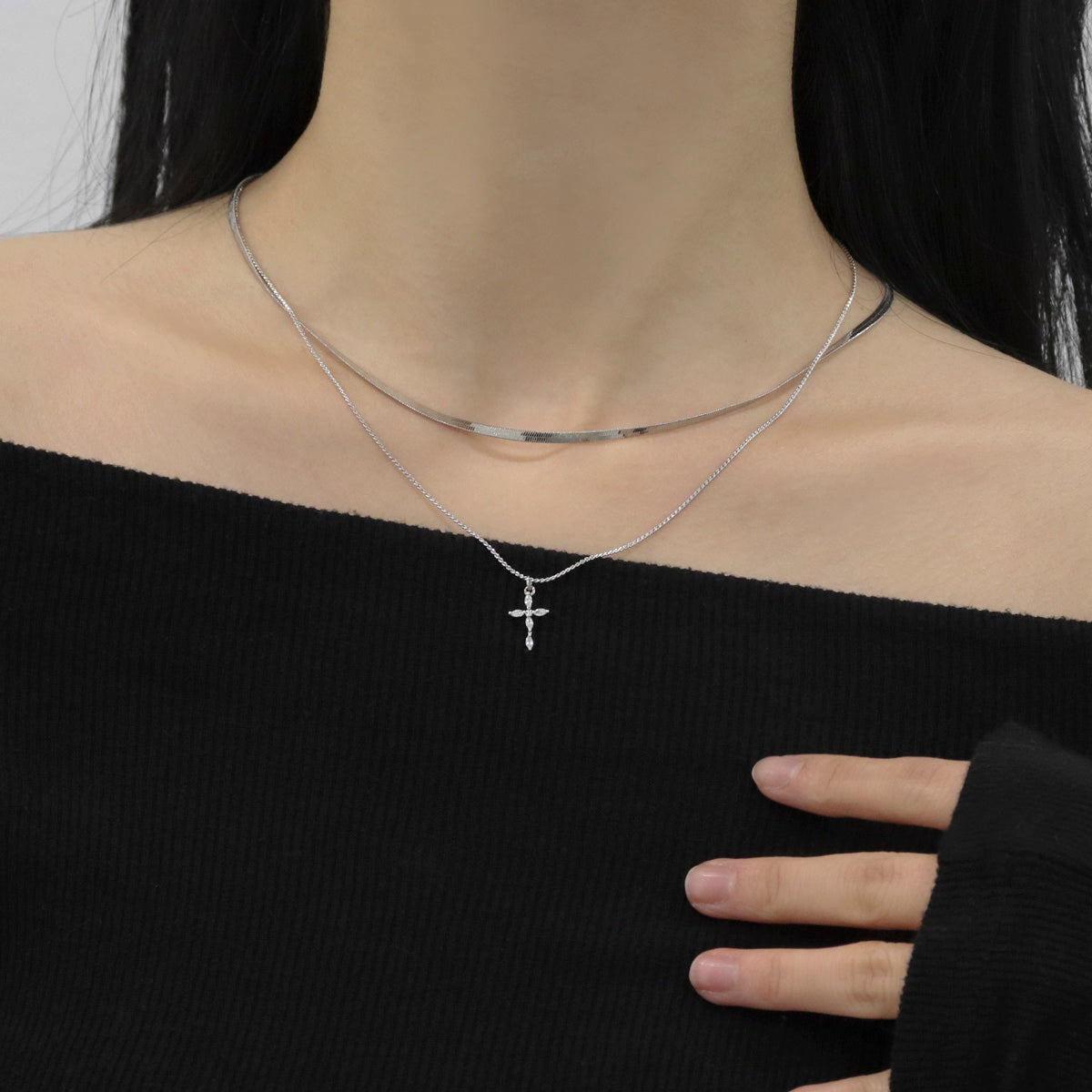 Layered Cross Pendant Necklace, Snake Chain & Box Chain Layered Necklace