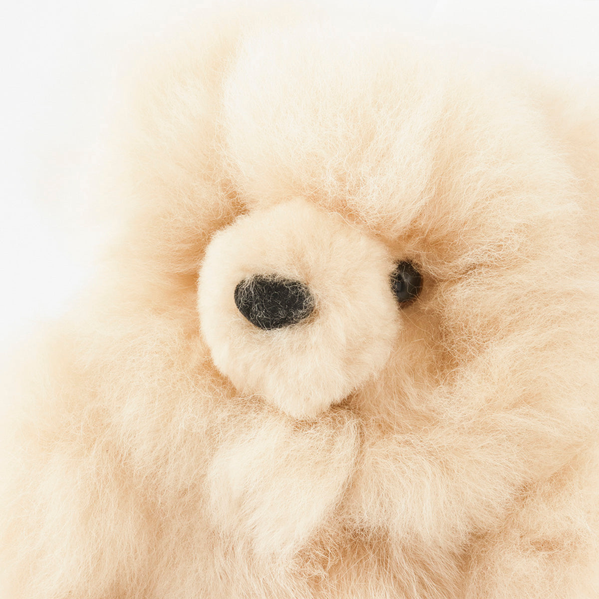 Close up of alpaca fur teddy face showing embroidered eyes and nose detail