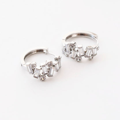 Geometric Bezel Setting Huggie Hoop Earrings - Brass Silver Post