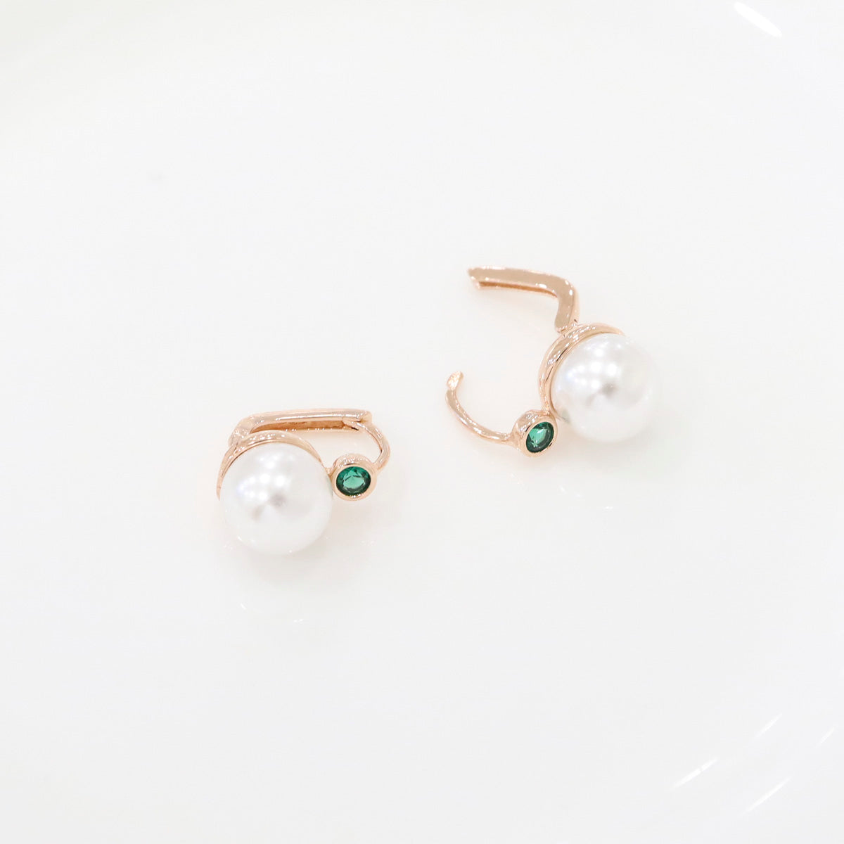 Pearl Drop Hook Earrings with Gem Accent – One-Touch Closure (Silver Post)