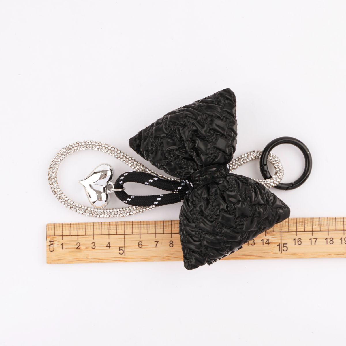 Handmade Puffy Quilted Bow Bag Charm with Rhinestone Loop