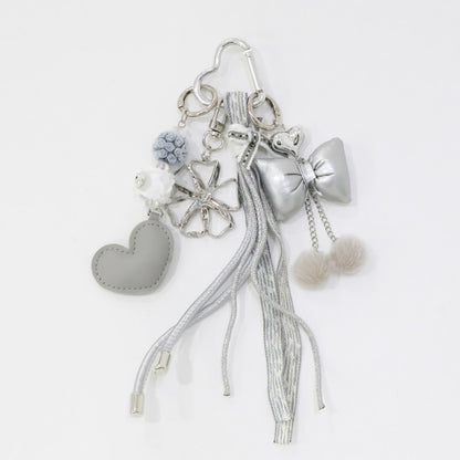 Silver Ribbon Heart Tassel Keyring - Floral Beads Bag Charm