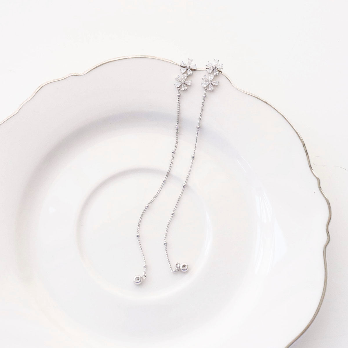 Two-Way Floral Crystal Chain Drop Earrings | Silver Post