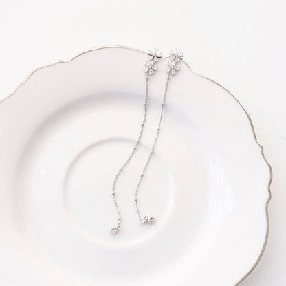 Two-Way Floral Crystal Chain Drop Earrings | Silver Post
