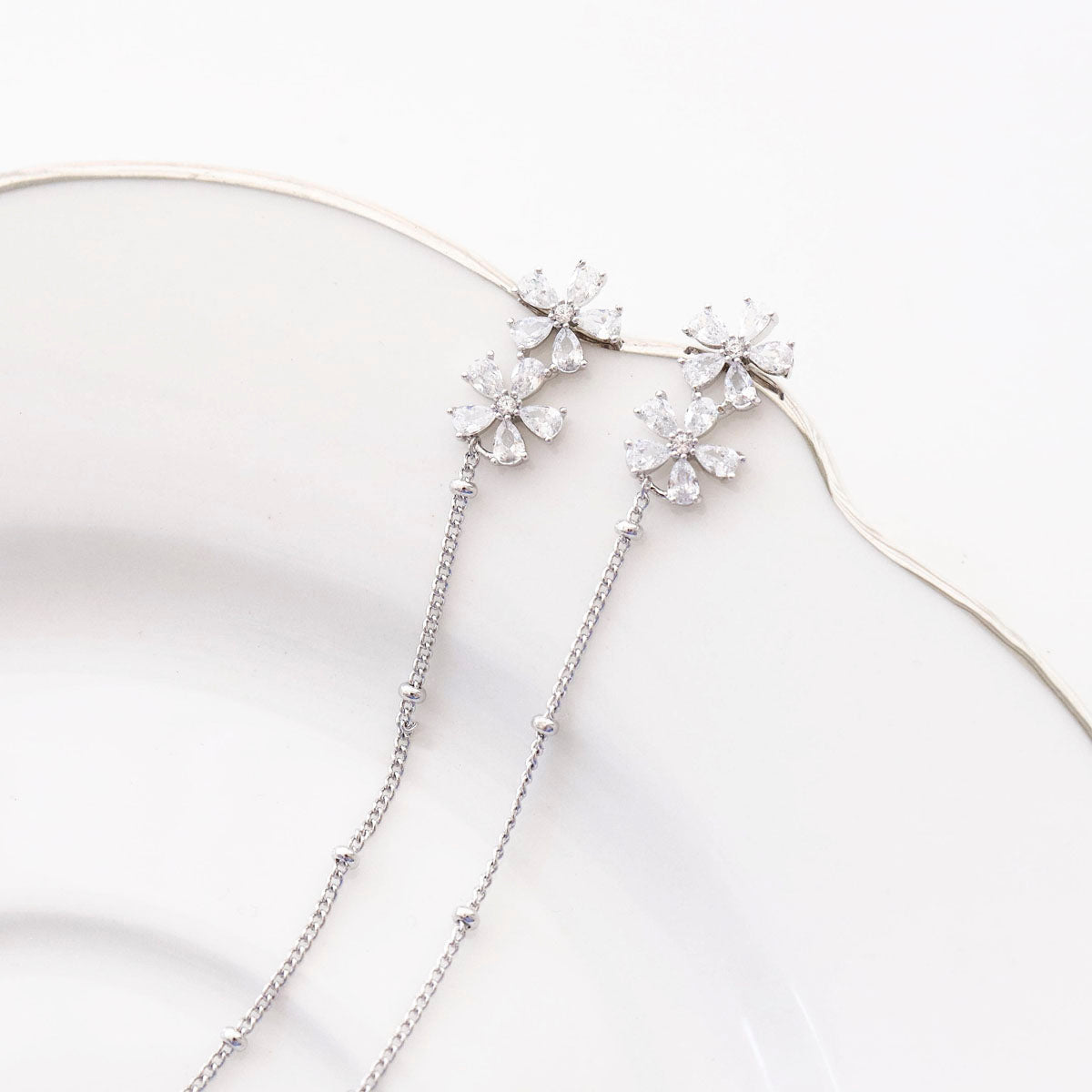 Two-Way Floral Crystal Chain Drop Earrings | Silver Post