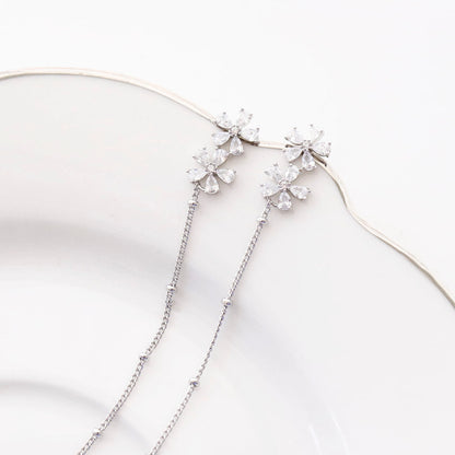 Two-Way Floral Crystal Chain Drop Earrings | Silver Post