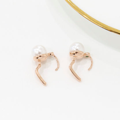 Pearl Drop Hook Earrings with Gem Accent – One-Touch Closure (Silver Post)
