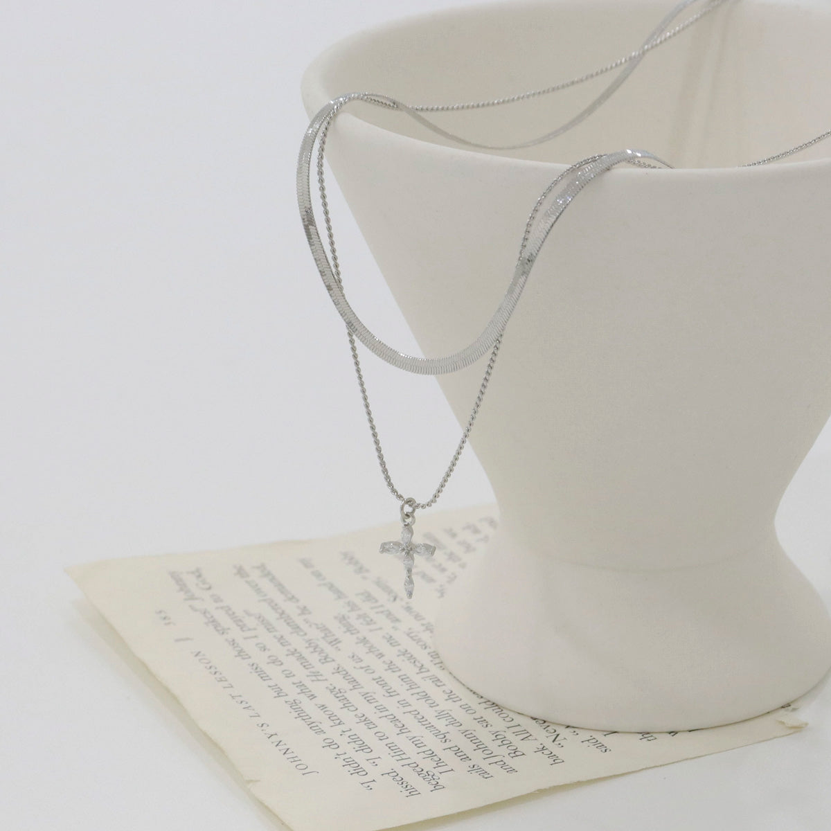 Layered Cross Pendant Necklace, Snake Chain & Box Chain Layered Necklace