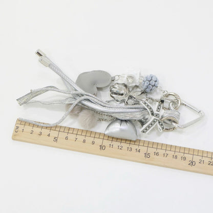 Silver Ribbon Heart Tassel Keyring - Floral Beads Bag Charm