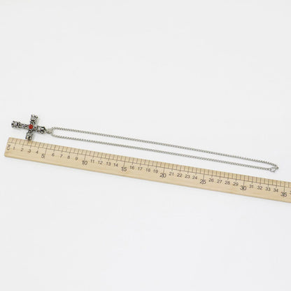 Gothic Cross Necklace with Red Gem - Vintage Stainless Steel Pendan