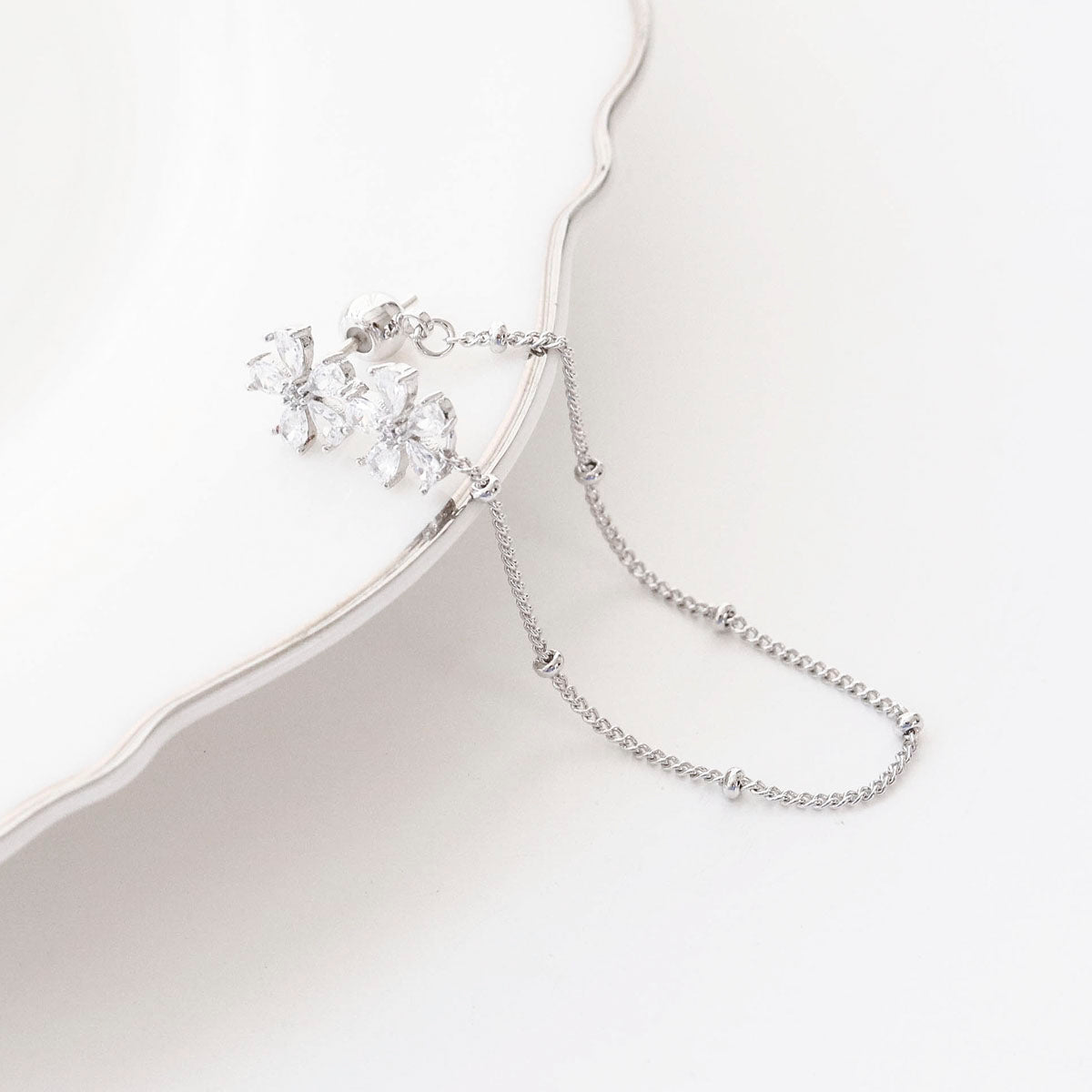 Two-Way Floral Crystal Chain Drop Earrings | Silver Post