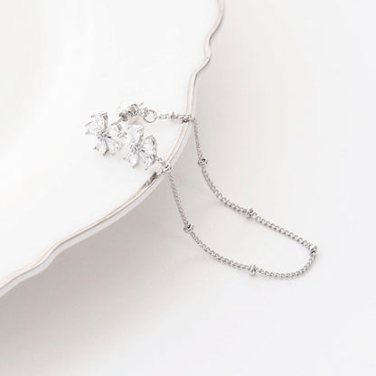 Two-Way Floral Crystal Chain Drop Earrings | Silver Post
