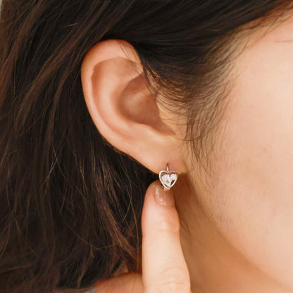 Mini Heart CZ Huggie Hoop Earrings — Silver & Rose Gold, Dainty Everyday Click-Closure