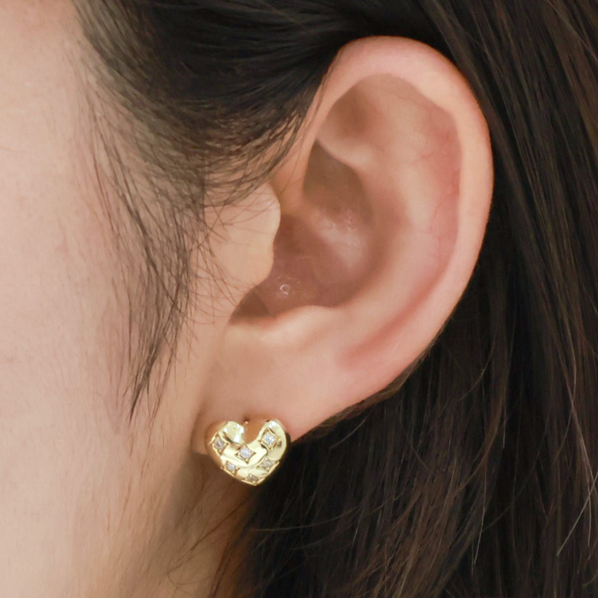 Front view of luxury gold heart earrings with 925 silver posts - gift for her jewelry